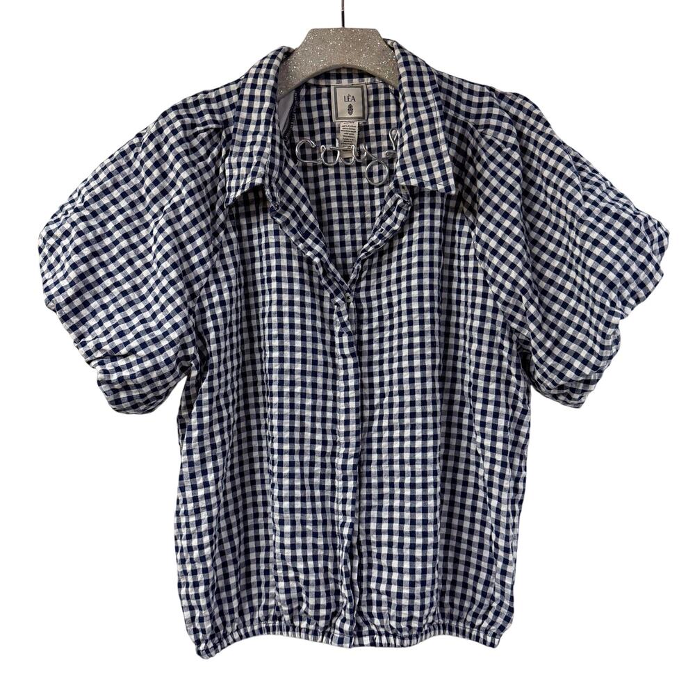 Lea Plaid Puff Sleeve Blouse Top Shirt Medium Blue & White 100% Cotton Americana
